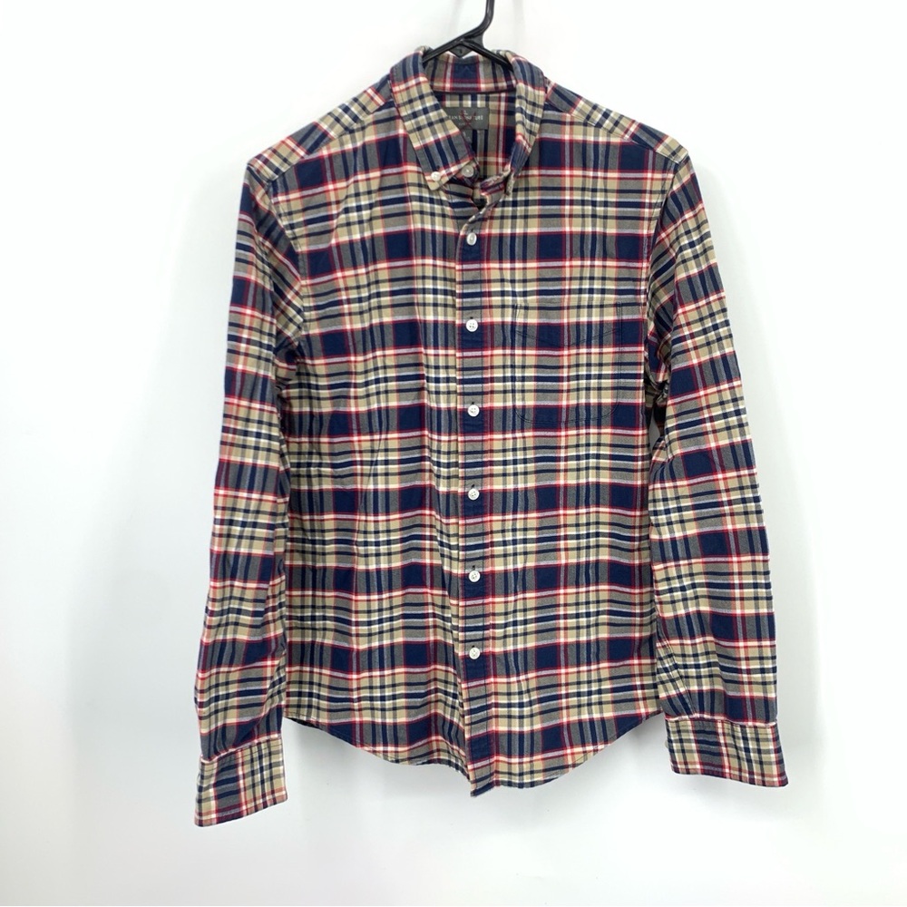 LL Bean Signature Men Size Small Shirt Button Down Top Slim Blue Plaid Cotton